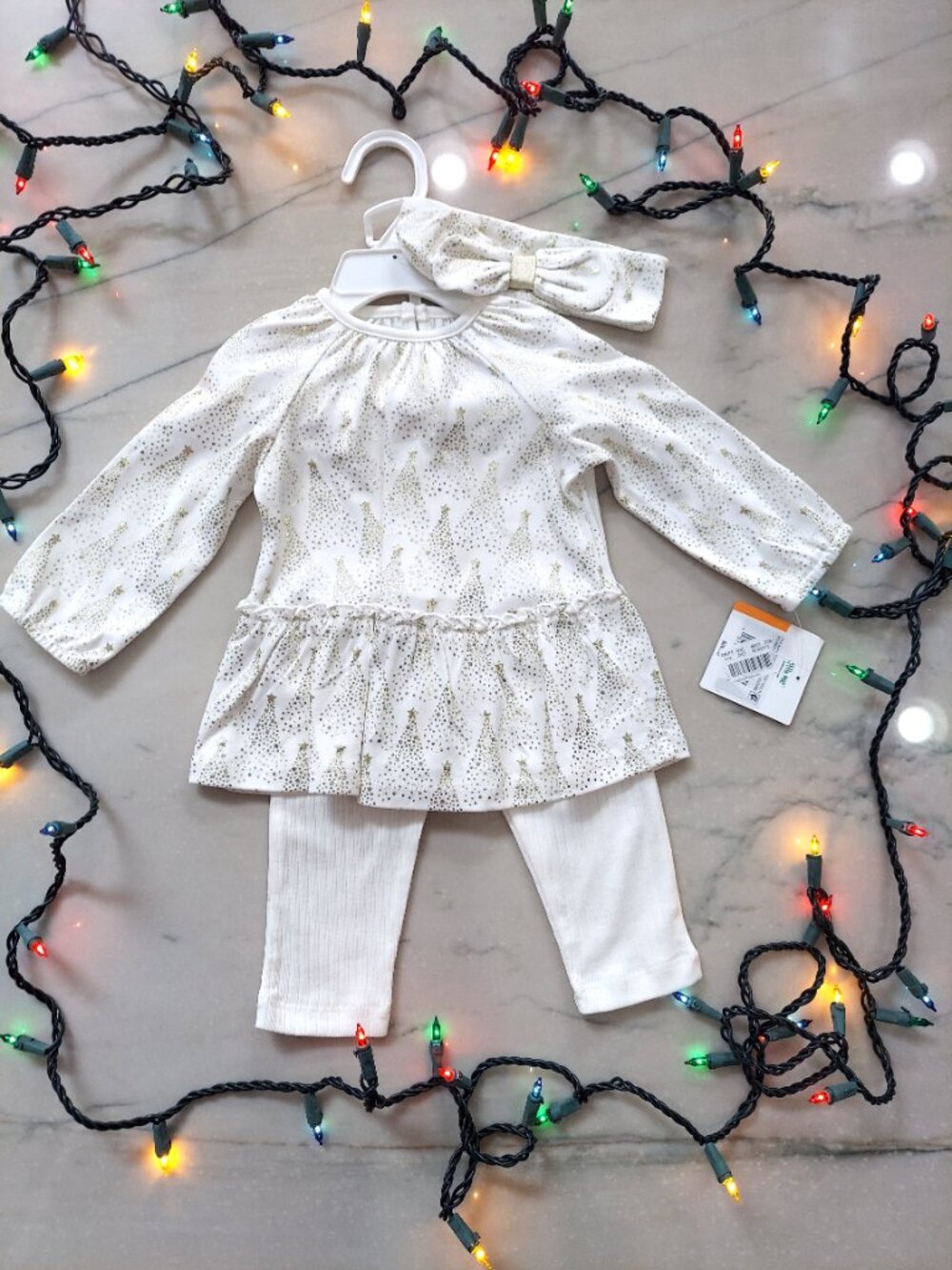 New Little Me Baby Girl Holiday Outfit 12 mos. Ivory w/ Gold Trees 3pc NWT